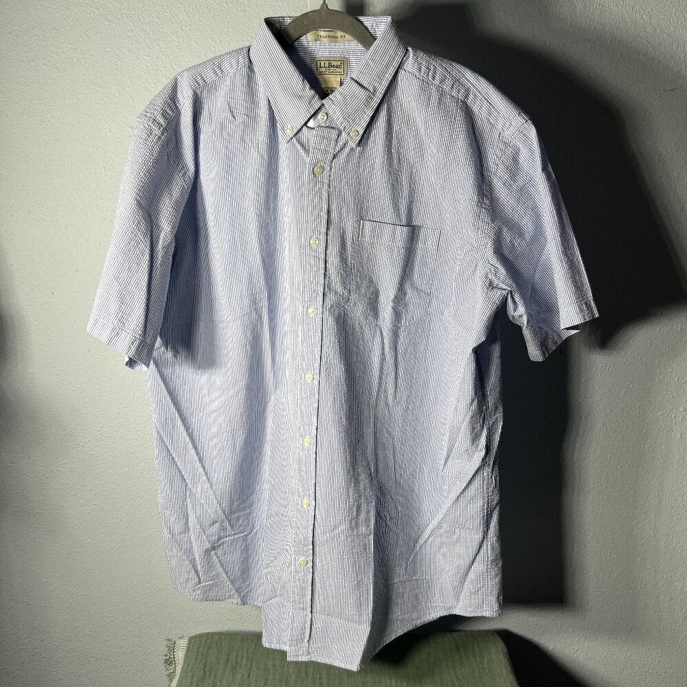 L.L. Bean Blue & White 100% Cotton Striped Short-Sleeve Button-Up SZ XLT